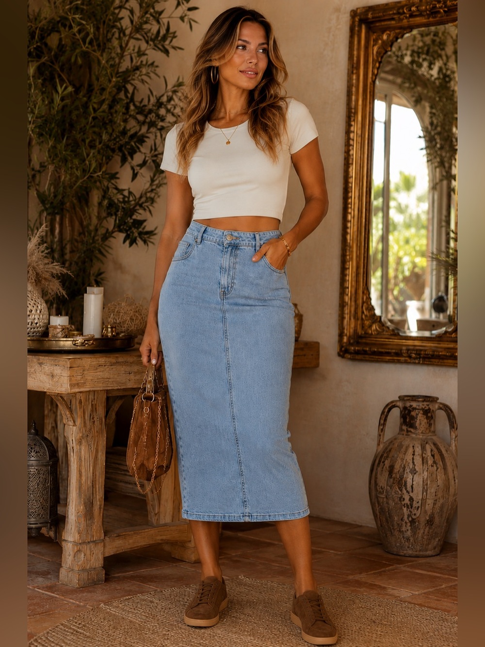 Stradivarius Light Wash Denim Midi Skirt Front Slit Size 38 (US 6)